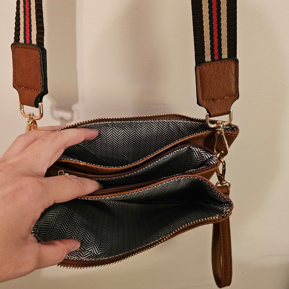 Brown Vegan Leather Triple Zip Crossbody Bag with Striped Guitar Strap Clutch - Picture 6 of 11